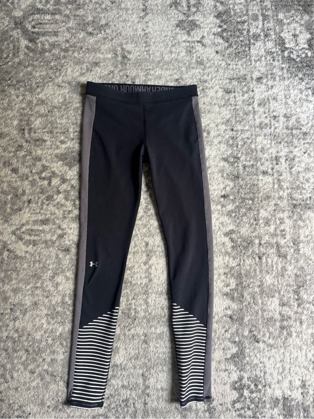 Under Armour Black Leggings with Gray Panels and Striped Cuffs